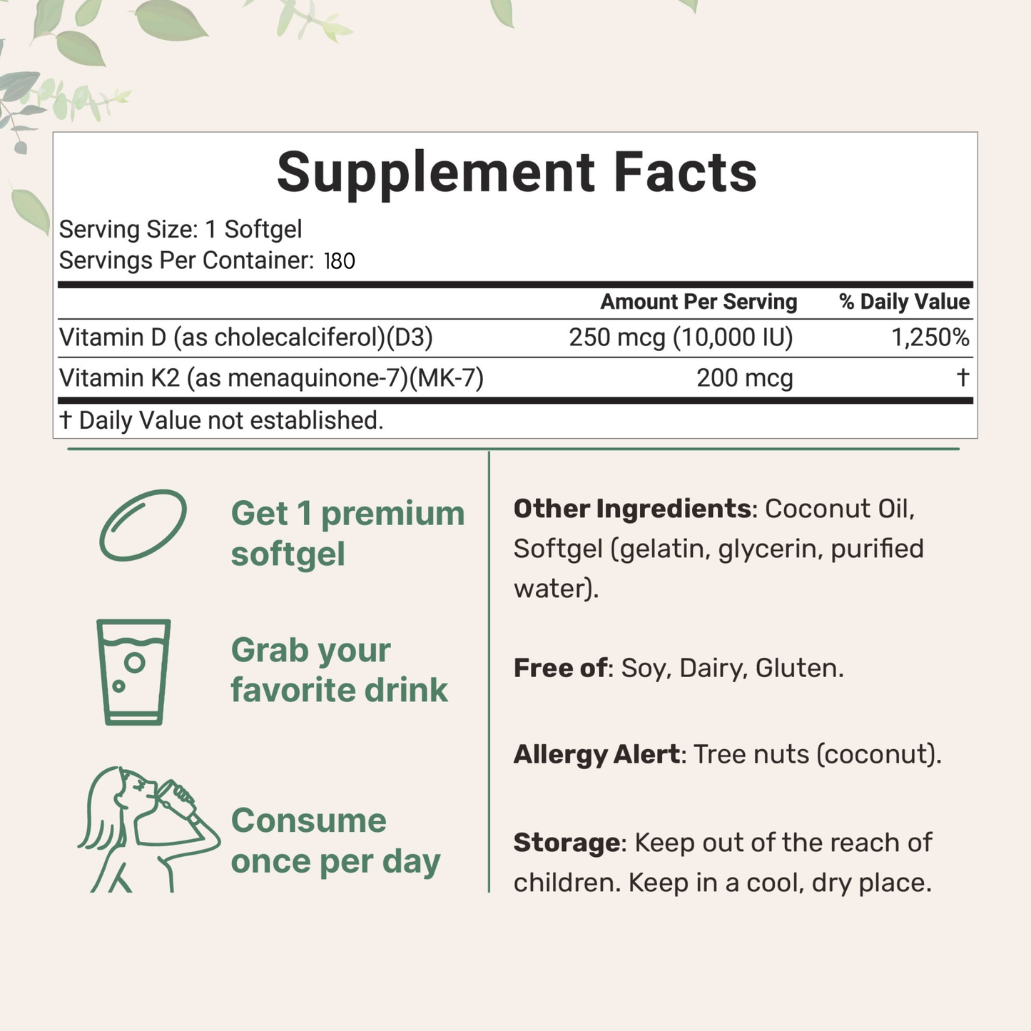 Vitamin D3 K2 Supplement Softgels